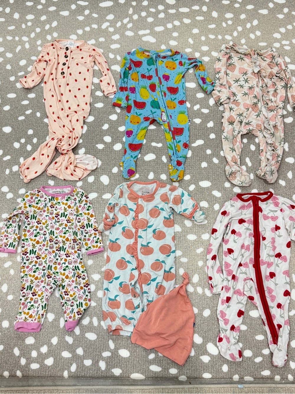 Lot of 7 bamboo footies baby girl newborn fruits knotted gown strawberry zippy